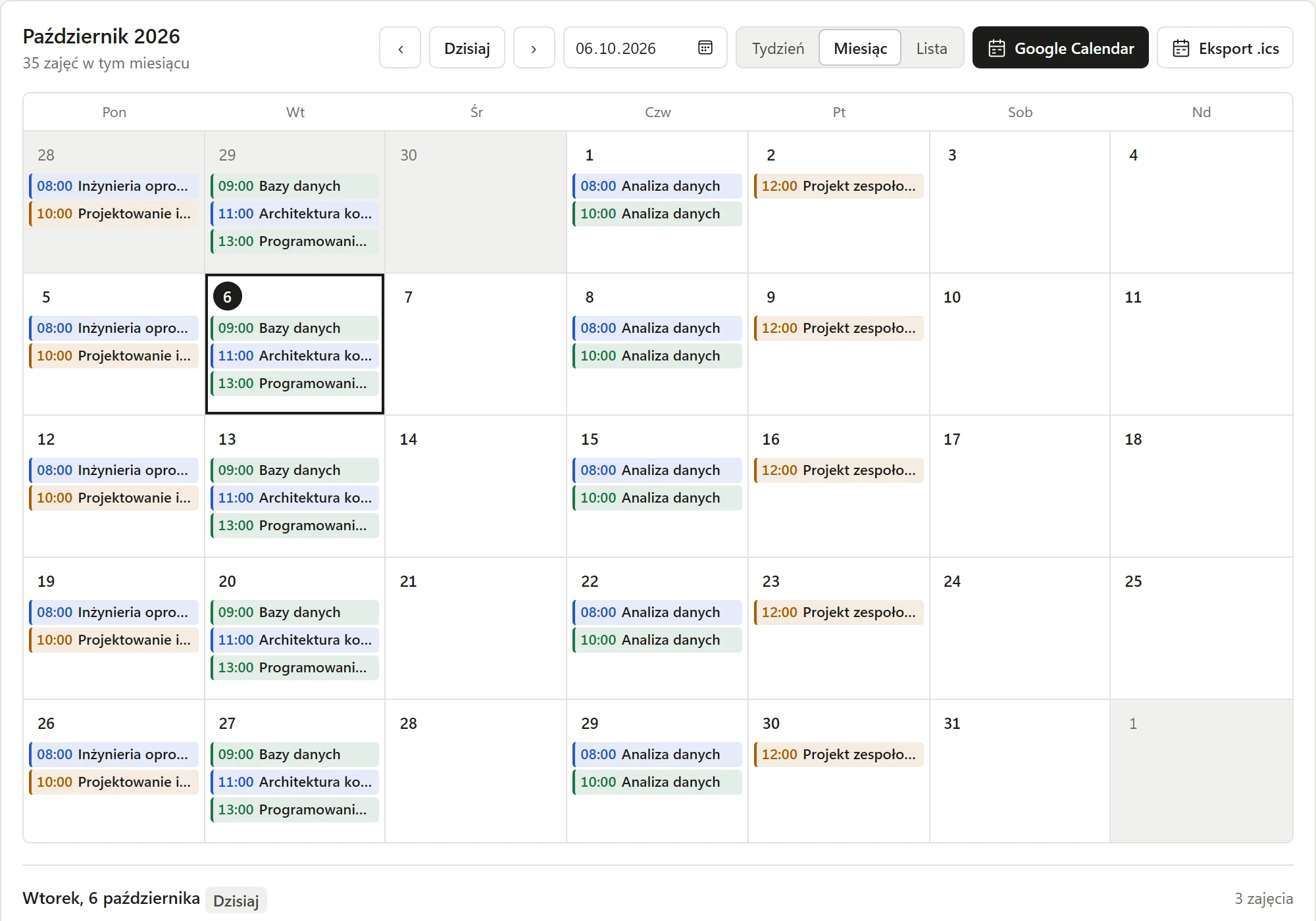 Plan zajęć w widoku miesiąca z kolorowymi zajęciami oraz przyciskami Google Calendar i Eksport .ics