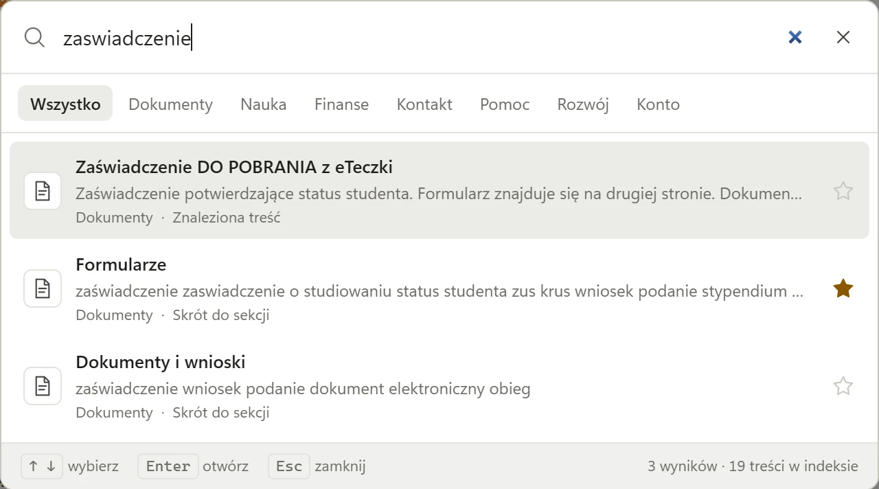Wyszukiwarka: zapytanie „zaswiadczenie” bez polskich znaków znajduje formularz „Zaświadczenie DO POBRANIA z eTeczki”