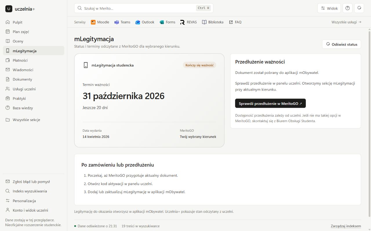 Zakładka mLegitymacji w Uczelnia+: status dokumentu, termin ważności i przejście do przedłużenia w MeritoGO. Przykładowe dane.