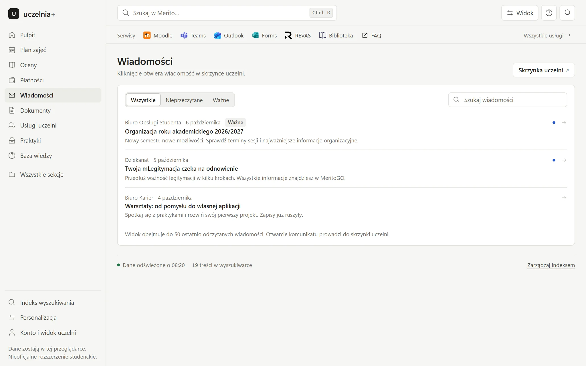 Wiadomości w Uczelnia+ na MeritoGO: lista komunikatów z filtrem nieprzeczytanych i ważnych