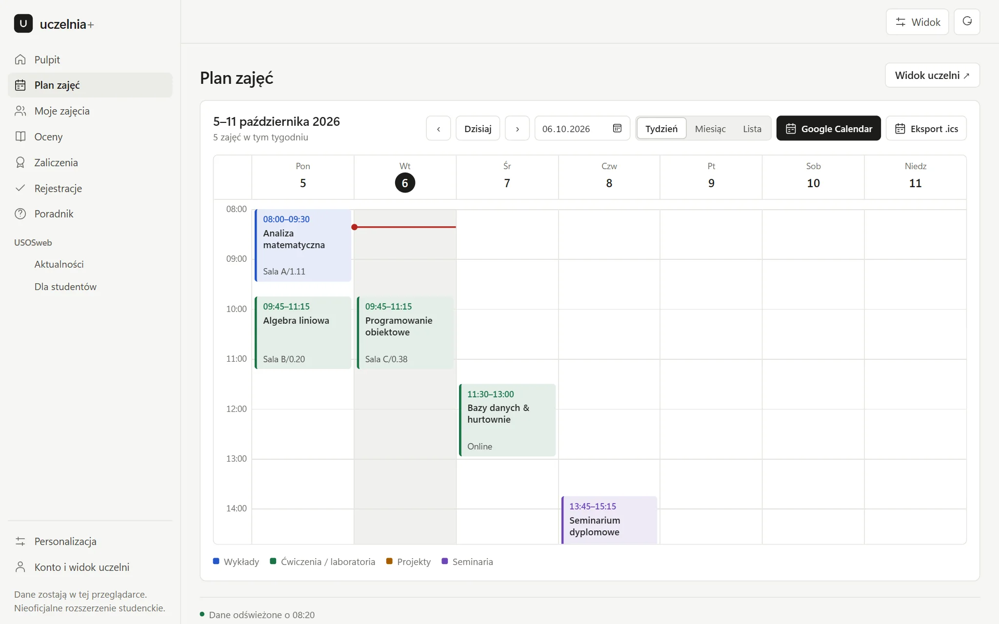 Plan zajęć z USOSweb w widoku tygodnia: kolorowe bloki zajęć z salami, przyciski Google Calendar i Eksport .ics